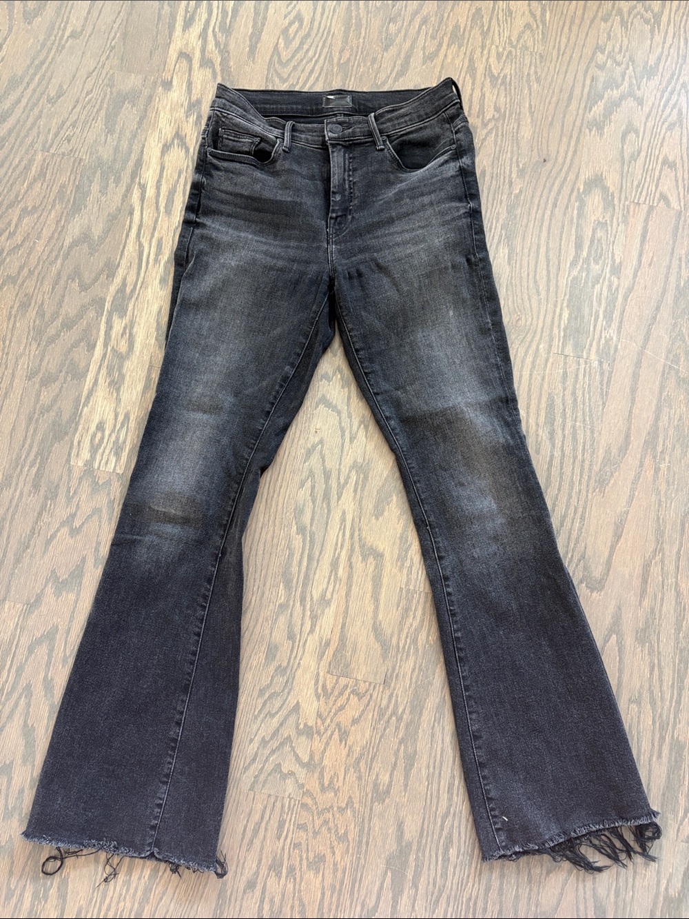 MOTHER Black Washed Flare Jeans with Raw Hem